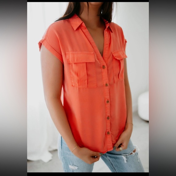 Love Tree Button Down Top Size Small Coral Relaxed Fit Short Cap Sleeves - Picture 2 of 15